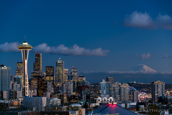 Seattle Nightfall with Mountain and Clouds